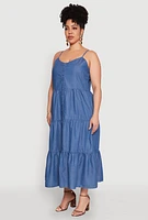 Womens Plus Size Chambray Button Front Tiered Maxi Dress, Blue, Size 2X