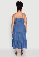 Womens Plus Size Chambray Button Front Tiered Maxi Dress, Blue, Size 2X