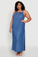 Womens Plus Size Chambray Halter Maxi Dress, Blue, Size 2X