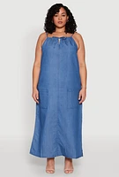 Womens Plus Size Chambray Halter Maxi Dress, Blue, Size 2X