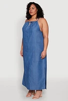 Womens Plus Size Chambray Halter Maxi Dress, Blue, Size 2X