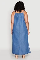 Womens Plus Size Chambray Halter Maxi Dress, Blue, Size 2X