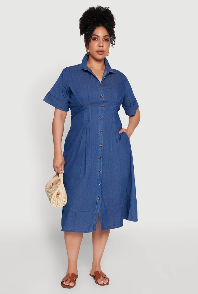Womens Plus Chic Chambray Shirt Dress with Pleated Details, Blue,
