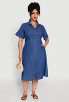 Womens Plus Chic Chambray Shirt Dress with Pleated Details, Blue,