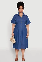 Womens Plus Chic Chambray Shirt Dress with Pleated Details, Blue,