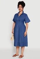 Womens Plus Chic Chambray Shirt Dress with Pleated Details, Blue,