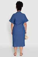 Womens Plus Chic Chambray Shirt Dress with Pleated Details, Blue,