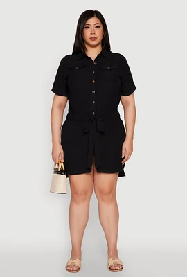 Womens Plus Button Front Tie Waist Shirt Dress,