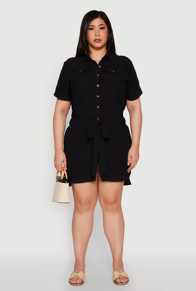 Womens Plus Size Button Front Tie Waist Shirt Dress, Black, Size 1X