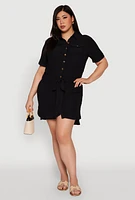 Womens Plus Button Front Tie Waist Shirt Dress, Black,