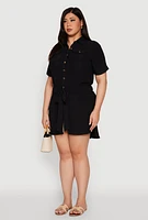 Womens Plus Button Front Tie Waist Shirt Dress, Black,