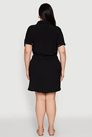 Womens Plus Button Front Tie Waist Shirt Dress, Black,