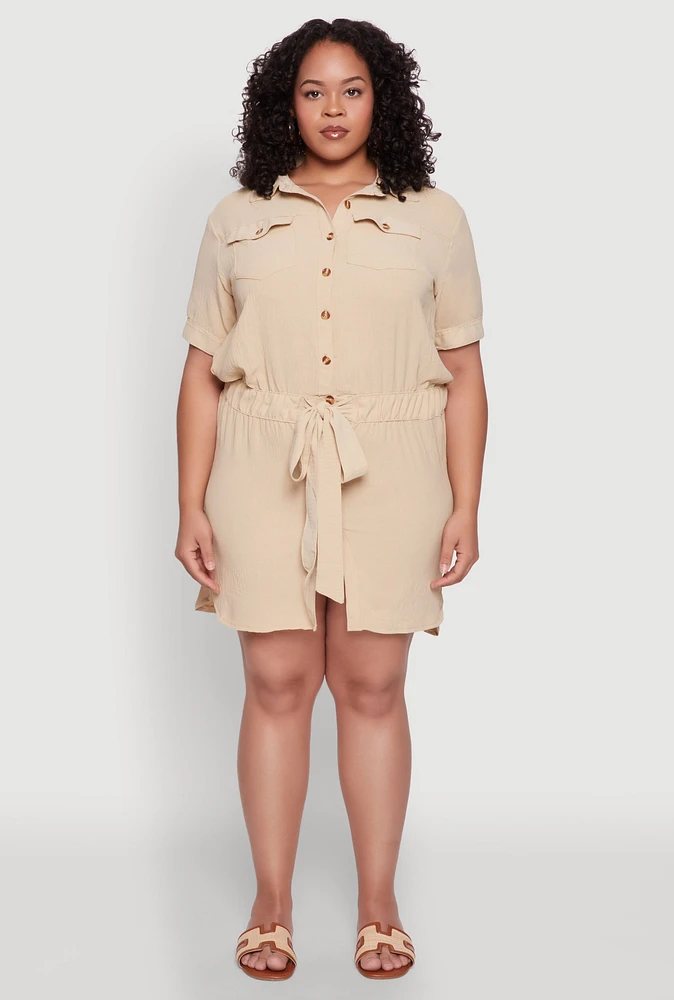 Womens Plus Size Button Front Tie Waist Shirt Dress, Khaki, Size 3X