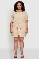 Womens Plus Size Button Front Tie Waist Shirt Dress, Khaki, Size 3X