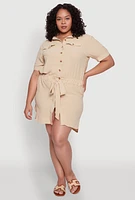 Womens Plus Size Button Front Tie Waist Shirt Dress, Khaki, Size 1X