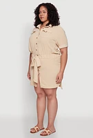 Womens Plus Size Button Front Tie Waist Shirt Dress, Khaki, Size 3X