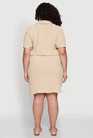 Womens Plus Size Button Front Tie Waist Shirt Dress, Khaki, Size 1X