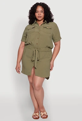 Womens Plus Button Front Tie Waist Shirt Dress,
