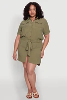 Womens Plus Button Front Tie Waist Shirt Dress,