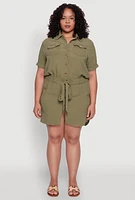 Womens Plus Button Front Tie Waist Shirt Dress,