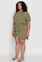 Womens Plus Button Front Tie Waist Shirt Dress,