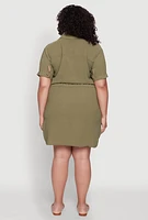 Womens Plus Button Front Tie Waist Shirt Dress,