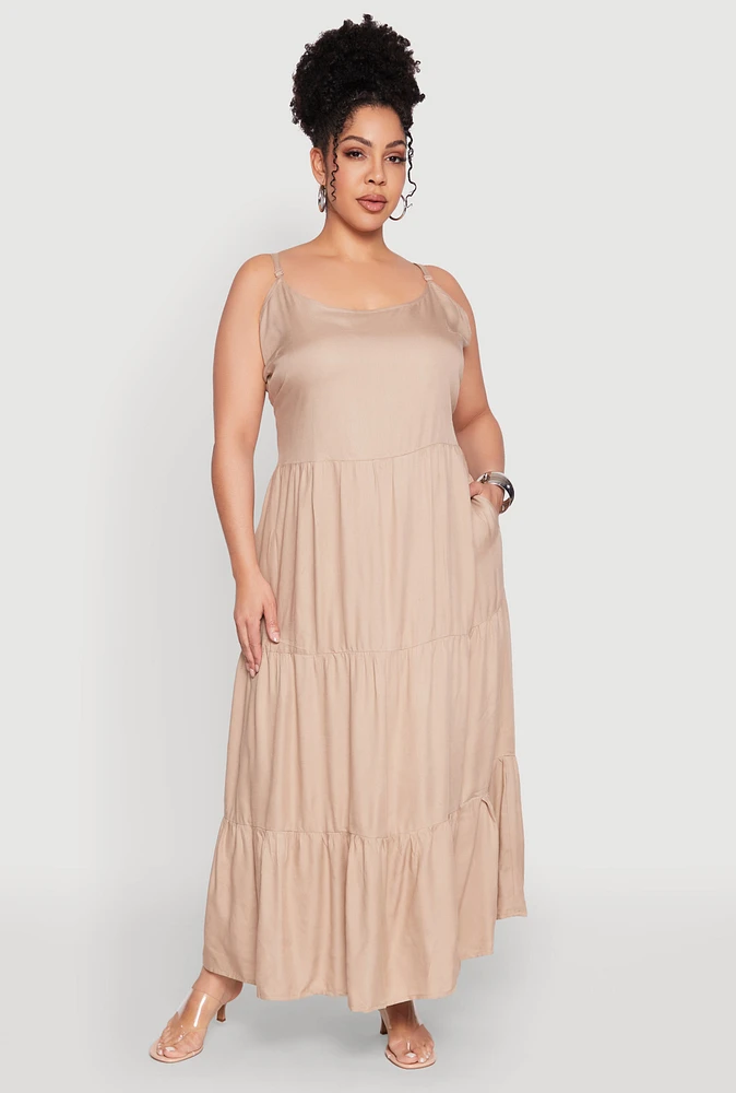 Womens Plus Size Pocket Tiered Maxi Dress, Beige, Size 2X