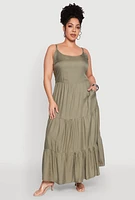 Womens Plus Size Pocket Tiered Maxi Dress, Green, Size 1X