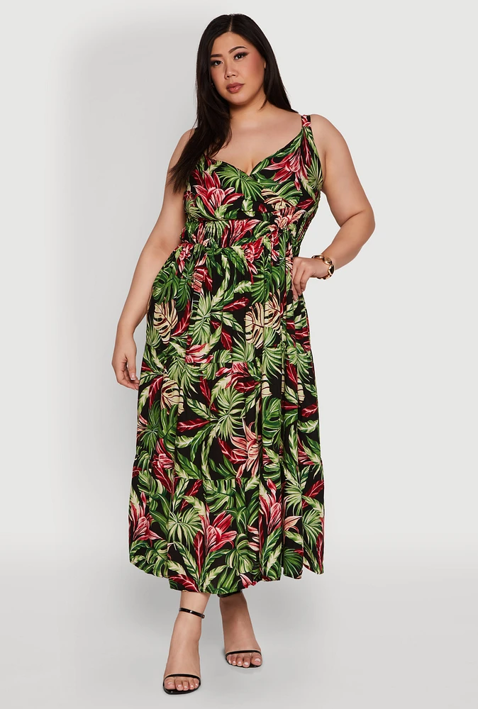 Womens Plus Size Leaf Print Empire Waist Dress, Multi, Size 2X