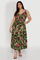 Womens Plus Size Leaf Print Empire Waist Dress, Multi, Size 2X