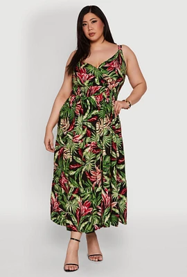Womens Plus Size Leaf Print Empire Waist Dress, Multi, Size 3X