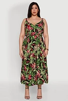 Womens Plus Size Leaf Print Empire Waist Dress, Multi, Size 2X
