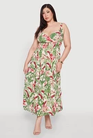 Womens Plus Leaf Print Empire Waist Dress, Multi,