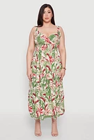 Womens Plus Leaf Print Empire Waist Dress, Multi,