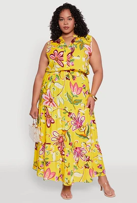 Womens Plus Size Floral Print Sleeveless Tiered Maxi Dress, Yellow, Size 3X