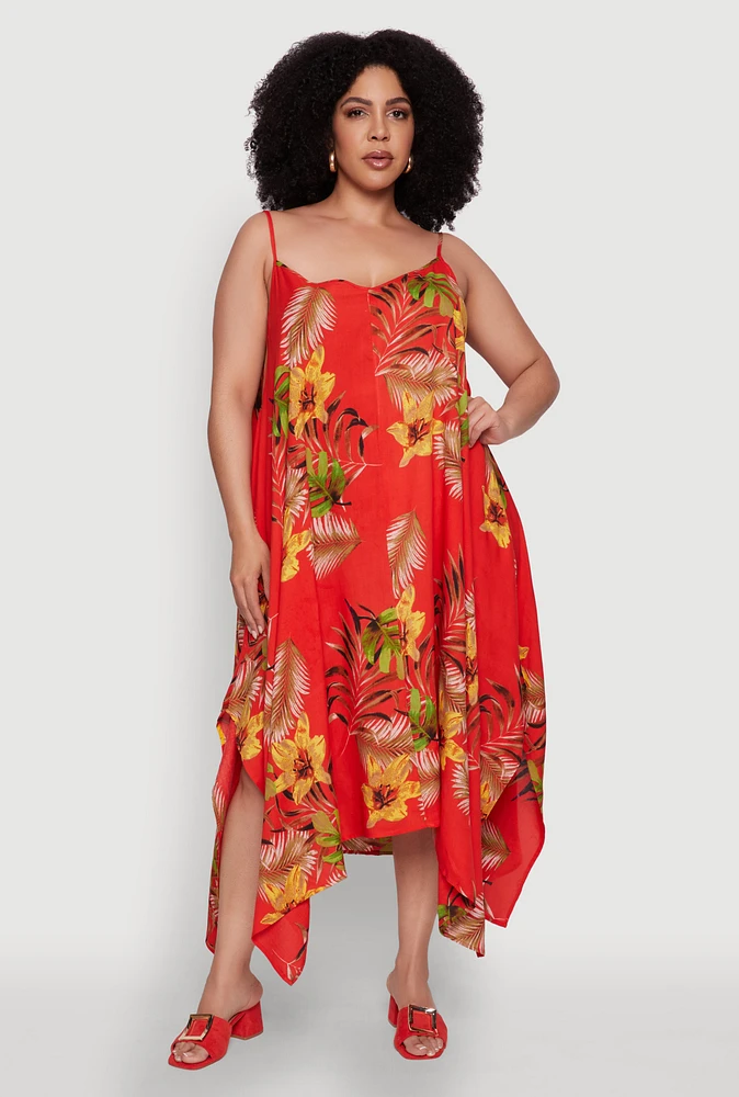 Womens Plus Size Tropical Floral Sleeveless Sundress with Sharkbite Hem, Red, Size 3X