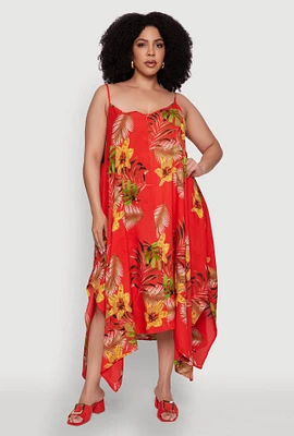 Womens Plus Size Tropical Floral Sleeveless Sundress with Sharkbite Hem, Red, Size 3X