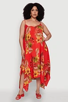 Womens Plus Size Tropical Floral Sleeveless Sundress with Sharkbite Hem, Red, Size 3X
