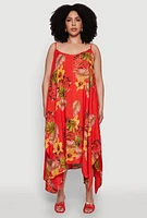 Womens Plus Size Tropical Floral Sleeveless Sundress with Sharkbite Hem, Red, Size 3X