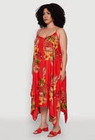 Womens Plus Size Tropical Floral Sleeveless Sundress with Sharkbite Hem, Red, Size 3X