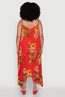 Womens Plus Size Tropical Floral Sleeveless Sundress with Sharkbite Hem, Red, Size 3X