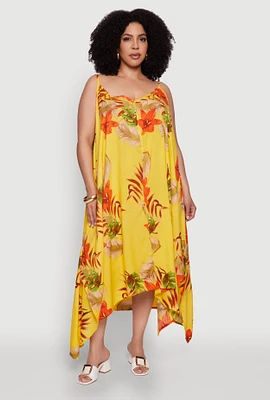 Womens Plus Tropical Floral Sleeveless Sundress with Sharkbite Hem, Yellow,
