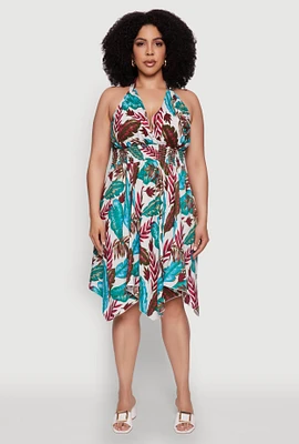 Womens Plus Size Leaf Print Sundress with Halter Neck and Sharkbite Hem, Multi, Size 2X