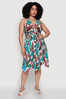 Womens Plus Size Leaf Print Sundress with Halter Neck and Sharkbite Hem, Multi, Size 2X