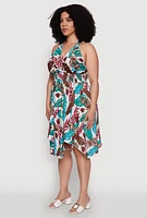 Womens Plus Size Leaf Print Sundress with Halter Neck and Sharkbite Hem, Multi, Size 2X