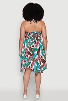 Womens Plus Size Leaf Print Sundress with Halter Neck and Sharkbite Hem, Multi, Size 2X