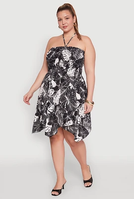 Womens Plus Size Smocked Shark Bite Leaf Print Dress, Multi, Size 1X