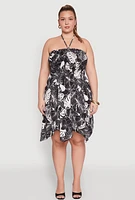 Womens Plus Smocked Shark Bite Leaf Print Dress, Multi,