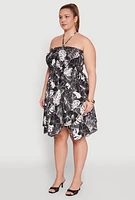 Womens Plus Smocked Shark Bite Leaf Print Dress, Multi,