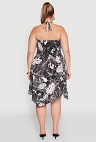 Womens Plus Smocked Shark Bite Leaf Print Dress, Multi,